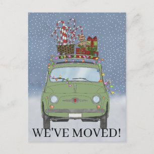 Weihnachten Wir sind umgezogen Grüner Auto mit Ges Postkarte