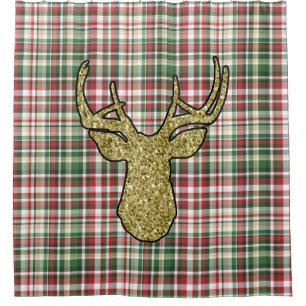 Weihnachten XMAS Kariert Tartan Gold Hirschdusche  Duschvorhang