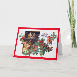 Weihnachten, Xmas Kitten und kleiner Vogel Karte