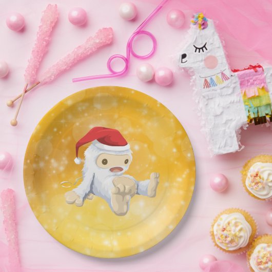 Weihnachten Yeti Puppe auf Gold Bokeh Hintergrund Pappteller (Party)