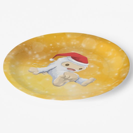 Weihnachten Yeti Puppe auf Gold Bokeh Hintergrund Pappteller (Schrägansicht)
