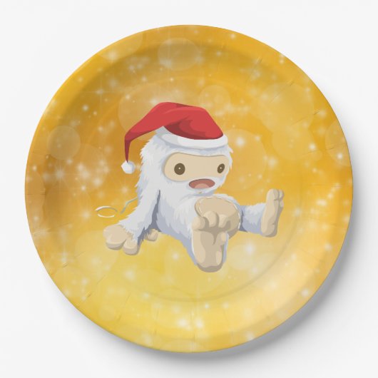 Weihnachten Yeti Puppe auf Gold Bokeh Hintergrund Pappteller (Vorderseite)