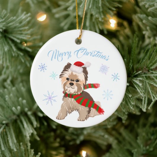 Weihnachten Yorkie in Weihnachtsmannmütze Schneefl Keramik Ornament (Baum)