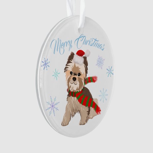 Weihnachten Yorkie in Weihnachtsmannmütze Schneefl Ornament (Vorderseite)