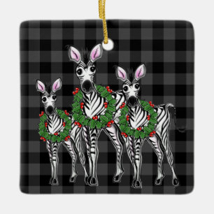 Weihnachten Zebras, roter grüner Kranz Keramikornament