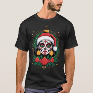 Weihnachten Zucker-Schädel-Kunst Frau Santa Hut Fe T-Shirt