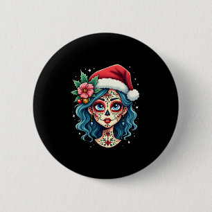 Weihnachten Zucker-Schädel-Kunst Frau Weihnachtsma Button