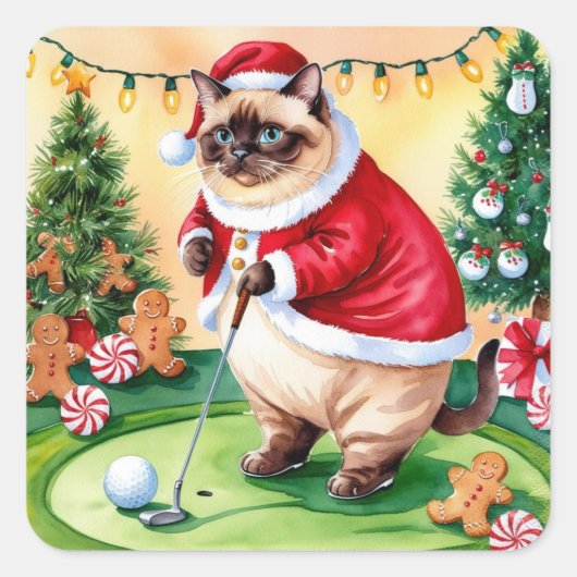Weihnachten zum Thema Golf für Cat Lover Golfer Quadratischer Aufkleber (Vorderseite)