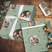 Weihnachten Zwei Fotos Sage Green Kranz Muster Geschenkpapier
