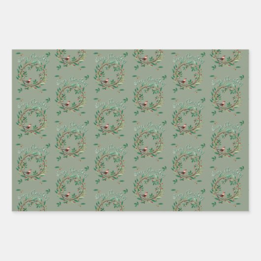 Weihnachten Zwei Fotos Sage Green Kranz Muster Geschenkpapier Set (Vorderseite 3)