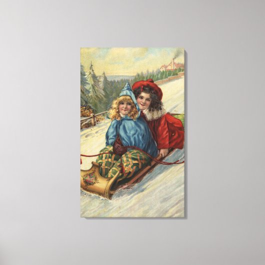 Weihnachten - Zwei kleine Girls Rodeln Leinwanddruck (Vorderseite)