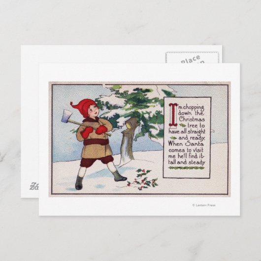 WeihnachtenJunge zerkleinern Weihnachtsbaum Feiertagspostkarte (Vorne/Hinten)