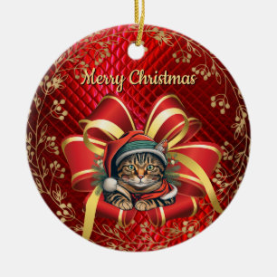 Weihnachtkatze im Vintage-Stil Keramik Ornament