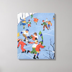 Weihnachtlich, Kinder beim Eislaufen auf einem See Leinwanddruck