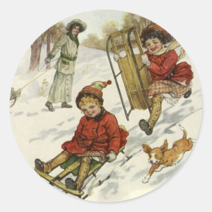 Weihnachtlich viktorianische Kinder beim Schlitten Runder Aufkleber