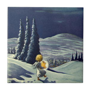 Weihnachtlich vintage, Schnee Engel geht mit einem Fliese