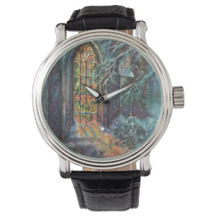 Weihnachtliche alte Kirche mit Bleiglasfenster Armbanduhr