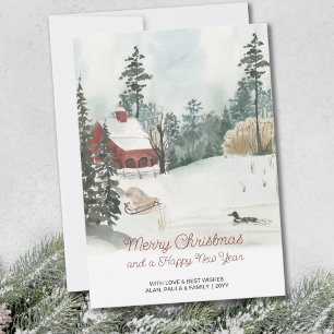 Weihnachtliche Aquarell-Winterlandschaft Feiertagskarte