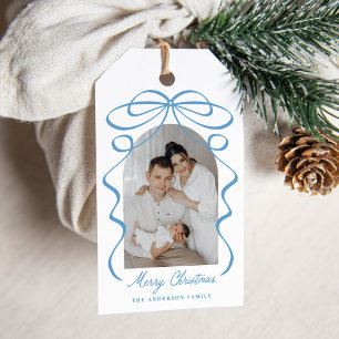 Weihnachtliche blaue Schleifenband-Bogen-Foto-Weih Geschenkanhänger