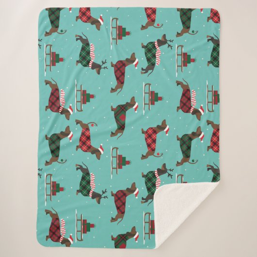 Weihnachtliche Dackeln mit Sweater & Weihnachtsman Sherpadecke (Vorderseite)