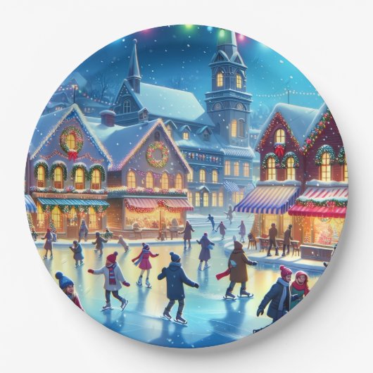 Weihnachtliche Eislaufszene Pappteller (Vorderseite)