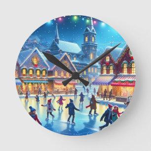 Weihnachtliche Eislaufszene Runde Wanduhr