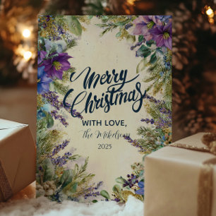 Weihnachtliche Eleganz der lila Poinsettie Feiertagskarte