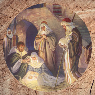 Weihnachtliche Geburt Christi, 3 Hirten und Jesus Runder Aufkleber