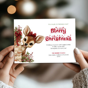 Weihnachtliche Grüße mit neugierigem Reh-Baby Feiertagskarte