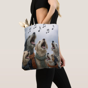 weihnachtliche Hunde beim Singen in Schneeflocken Tasche