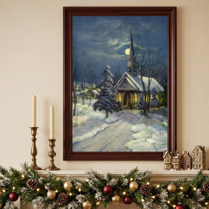 Weihnachtliche Kirche im Schnee mit Mond Poster