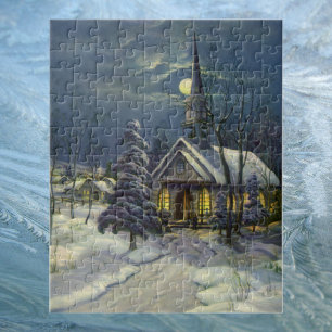 Weihnachtliche Kirche im Schnee mit Mond Puzzle