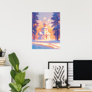 Weihnachtliche Kirchenszene im Schnee Poster