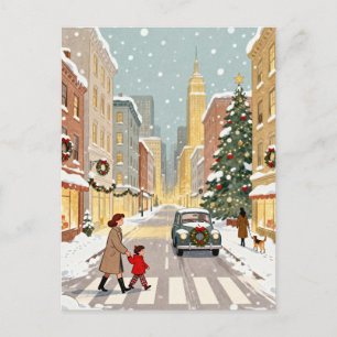 Weihnachtliche, märchenhafte Stadtstraße im Schnee Postkarte