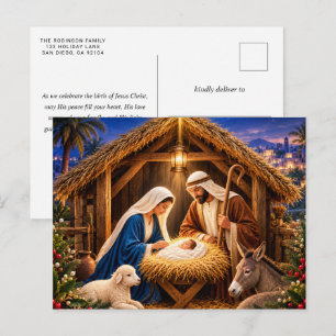 Weihnachtliche religiöse Krippe Szene Blau Gold Feiertagspostkarte