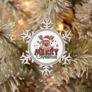 Weihnachtliche Rentiere, Frohe Weihnachten Schneeflocken Zinn-Ornament