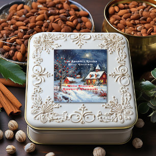Weihnachtliche Schneelandschaft Cottage Vollmond Quadratischer Aufkleber