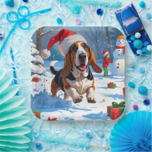 Weihnachtliche Schneeszene mit Basset Hound Pappteller