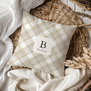 Weihnachtliche Softbeige-Gingham-Monogramm-Dekorat Kissen