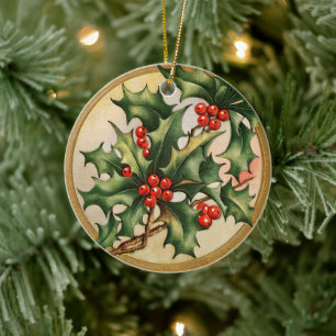 Weihnachtliche Stechpalme im Vintage-Stil Keramik Ornament