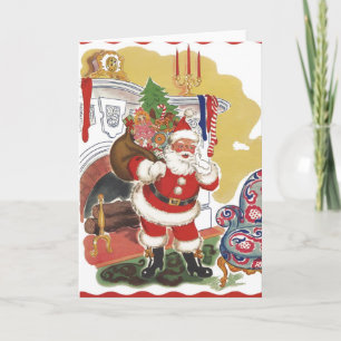 Weihnachtliche Szene, fröhlicher Weihnachtsmann mi Feiertagskarte