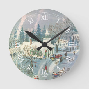 Weihnachtliche Szene, Menschen auf dem Weg zur Kir Runde Wanduhr