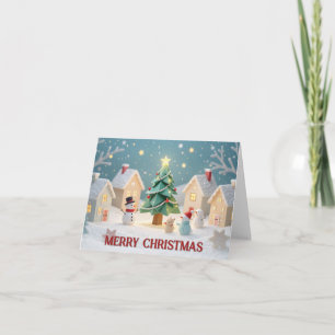Weihnachtliche Szene mit Tannenbaum und Schneemänn Dankeskarte