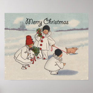 Weihnachtliche Vintage-Kunst: Schneekinder Poster
