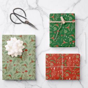 Weihnachtliche Waldlandschaft in Rot, Kiefer und C Geschenkpapier Set