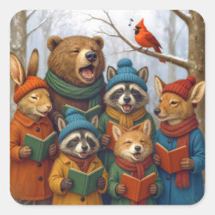 Weihnachtliche Waldtiere beim Singen Quadratischer Aufkleber