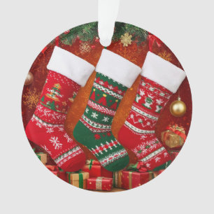 Weihnachtliche Weihnachtsstrümpfe hängen über dem Ornament