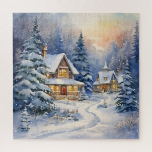 Weihnachtliche Winterhäuser und Weg Puzzle