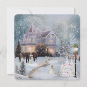 Weihnachtliche Winterlandschaft mit Cottage im wes Feiertagskarte