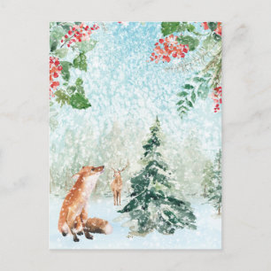 Weihnachtliche Winterwaldszene mit Fuchs und Hirsc Postkarte